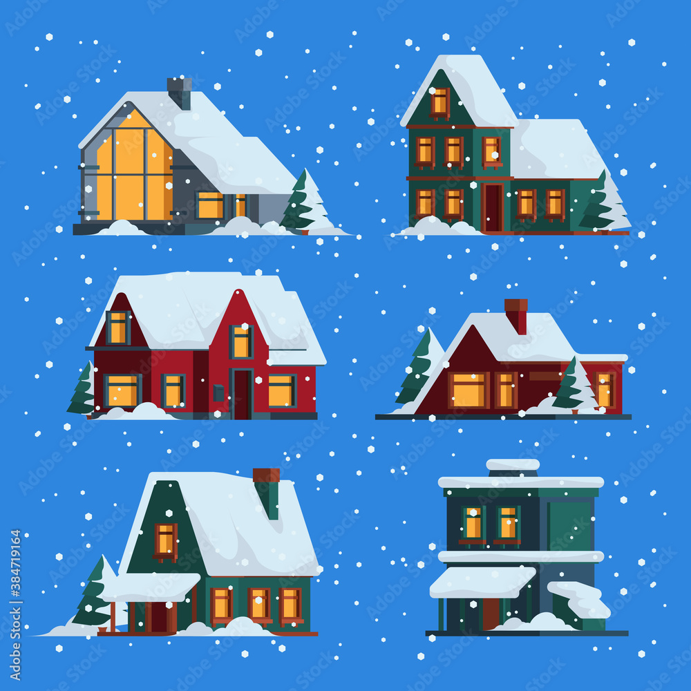 Winter houses. Christmas cute wooden buildings cottage with snow cap vector colored flat illustrations. Wooden building winter, christmas roof countryside