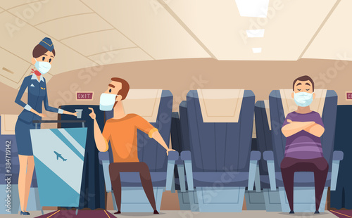 Aircraft passengers. Airplane danger risk communication people sitting with face protection mask fly trip vector cartoon set. Aircraft and airplane seat passenger, flight transport illustration