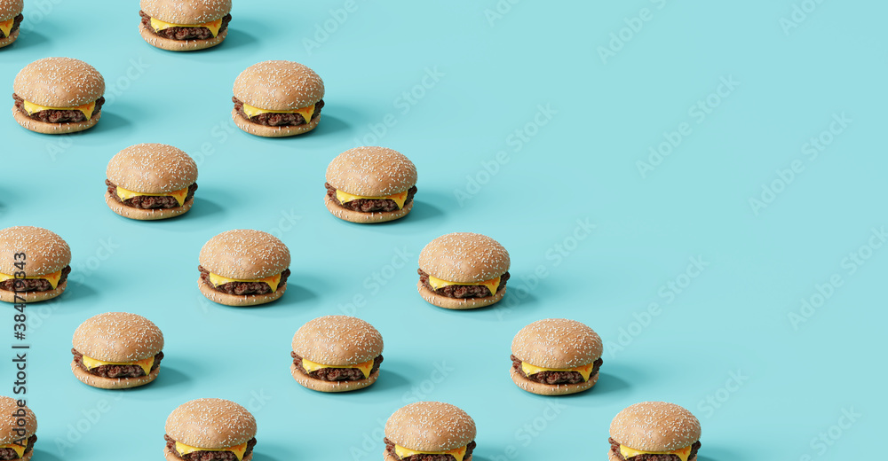 Fast food pattern of cheese burger on blue background. 3d illustration - obrazy, fototapety, plakaty 