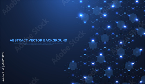 Technology abstract lines and dots connect background with hexagons. Hexagons connection digital data and big data concept. Hex digital data visualization. Vector illustration