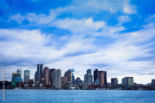 Boston city downtown view from East side of the inner harbor Massachusetts, USA