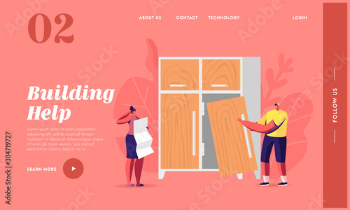Furniture Assembly and Woodwork Landing Page Template. Tiny Characters Learning Instruction for Assembling Wardrobe