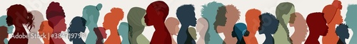 Group side silhouette men and women different culture and different countries. Diversity of many multi-ethnic people. Coexistence and multicultural community integration. Crowd of people
