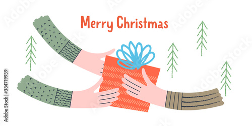 Merry Christmas. Hands hold the gift. Vector illustration.
