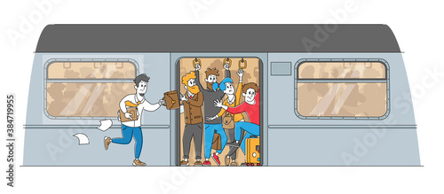 Man Running in Subway Platform to Crowded Train in Rushtime. Characters Pushing Each Other in Full Metro in Peak Hour