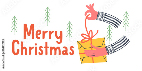 A man opens a Christmas gift. Vector funny illustration.