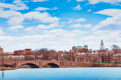 View of Boston University Bridge with Dunster House Cambridge panorama and Charles river Massachusetts, USA photo