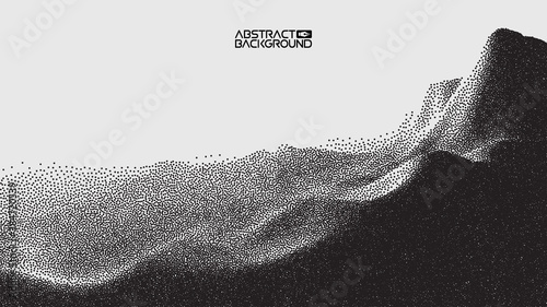 Vector landscape of mountain in dotwork style. Stipple illustration design. Old retro dot texture vintage gradient. Pointillism graphic. Grain terrain wallpaper.