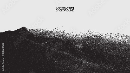 Vector landscape of mountain in dotwork style. Stipple illustration design. Old retro dot texture vintage gradient. Pointillism graphic. Grain terrain wallpaper.