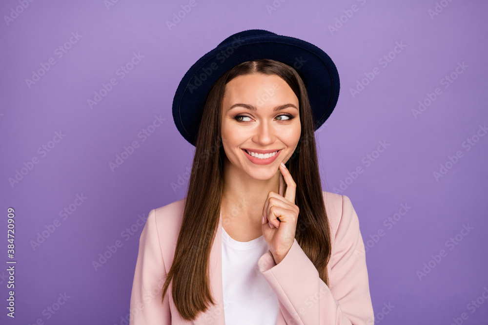 Portrait positive cheerful girl touch cheek finger look copyspace think thoughts decide great funky weekend free time decisions solution wear pastel clothes isolated violet color background Portrait positive cheerful girl touch cheek finger look copyspace think thoughts decide great funky weekend free time decisions solution wear pastel clothes isolated violet color background