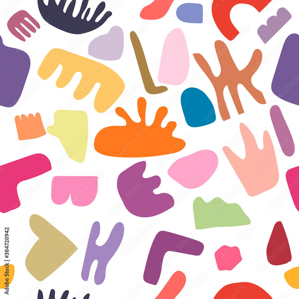 Hand drawn various shapes and doodle objects.  Abstract contemporary modern trendy textile print vector illustration. Seamless pattern, background.