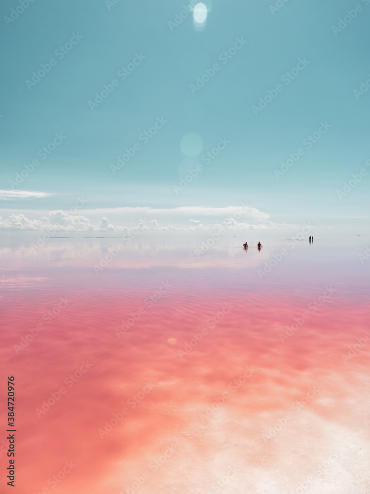 Pink red vivid salt lake coast with white salt, mirror water surface and blue sky