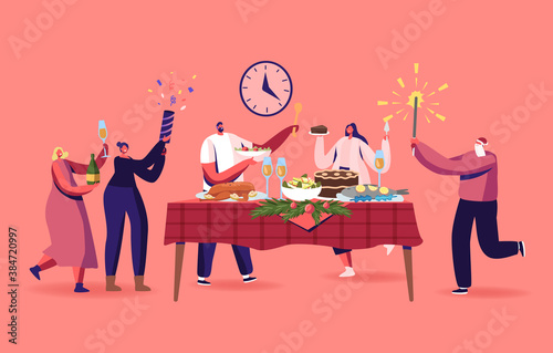 Family or Friends Christmas Dinner, Happy Characters Celebrating Xmas Holiday at Table with Turkey Traditional Meals