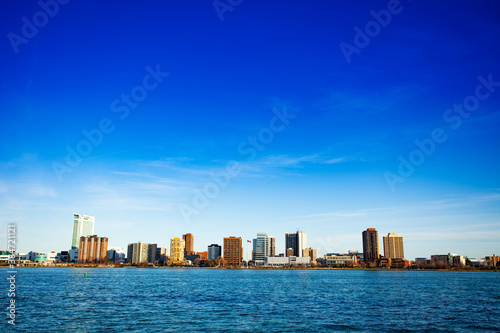 Detroit  Michigan USA riverwalk and view on Windsor  Ontario  Canada