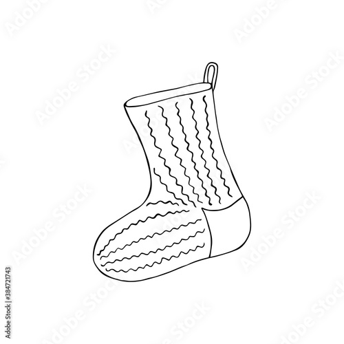 Vector illustration of knitted sock for Christmas gifts. The packaging is hand-drawn in black ink. Inspirational winter holiday attribute design in anticipation of santa claus. Icon, simple element.
