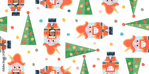 Vector Christmas seamless pattern with Nutcracker and Christmas tree.