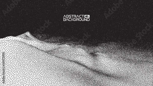 Vector landscape of mountain in dotwork style. Stipple illustration design. Old retro dot texture vintage gradient. Pointillism graphic. Grain terrain wallpaper.
