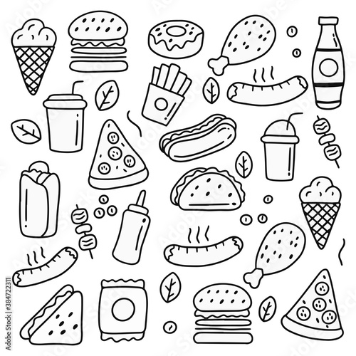 Fast Food Doodle Icons. Fast Food Doodle Icons Hand Made Vector Line Art Sketch. Famous Food. Logotype Symbol Design. vector breakfast and morning icon set