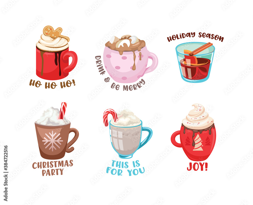 Winter Drinks Icons Set. Cups with Hot Beverage and Decoration for Wintertime Season Holidays. Cartoon Mugs of Cocoa Winter Drinks Icons Set. Cups with Hot Beverage and Decoration for Wintertime Season Holidays. Cartoon Mugs of Cocoa