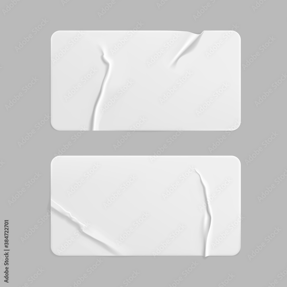 White glued crumpled rectangle stickers mock up set. Blank white adhesive paper or plastic sticker label with wrinkled and creased effect. Template label tags close up. 3d realistic vector White glued crumpled rectangle stickers mock up set. Blank white adhesive paper or plastic sticker label with wrinkled and creased effect. Template label tags close up. 3d realistic vector