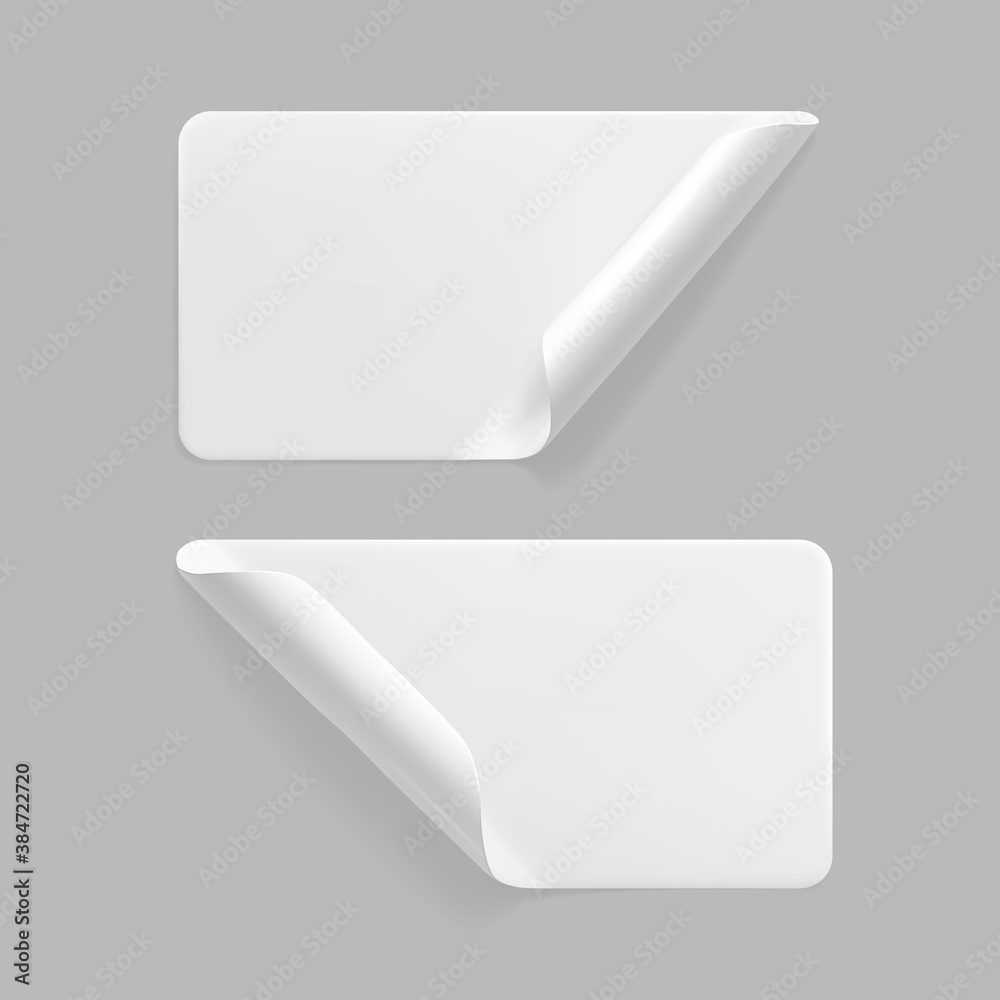 White glued rectangle stickers with curled corners mock up set. Blank white adhesive paper or plastic sticker label with wrinkled and creased effect. Template label tags close up. 3d realistic vector White glued rectangle stickers with curled corners mock up set. Blank white adhesive paper or plastic sticker label with wrinkled and creased effect. Template label tags close up. 3d realistic vector