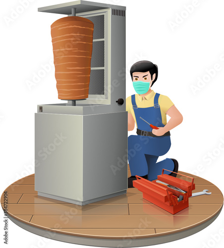 Réparation d'une machine à kebab en panne par un réparateur avec un masque (détouré)	
