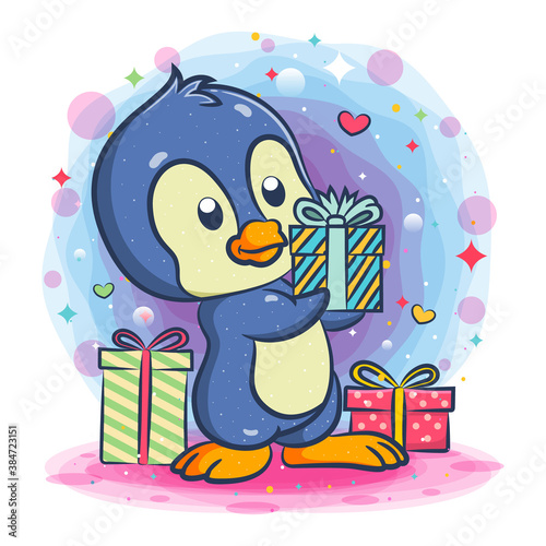 Cute blue penguin holds the big gift