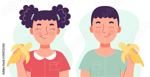 Cute little boy and girl eating banana. Healthy food concept, healthy snack. Fruits, vitamins for children. Flat vector isolated illustration on white background