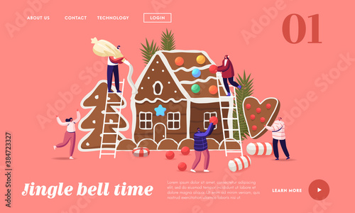 Festive Preparation for Xmas Holidays Celebration Landing Page Template. Tiny Characters Decorate Huge Gingerbread House