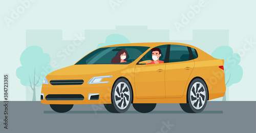 Fototapeta Naklejka Na Ścianę i Meble -  Sedan car with a young man and woman in a medical mask driving on a background of abstract cityscape. Vector flat style illustration.