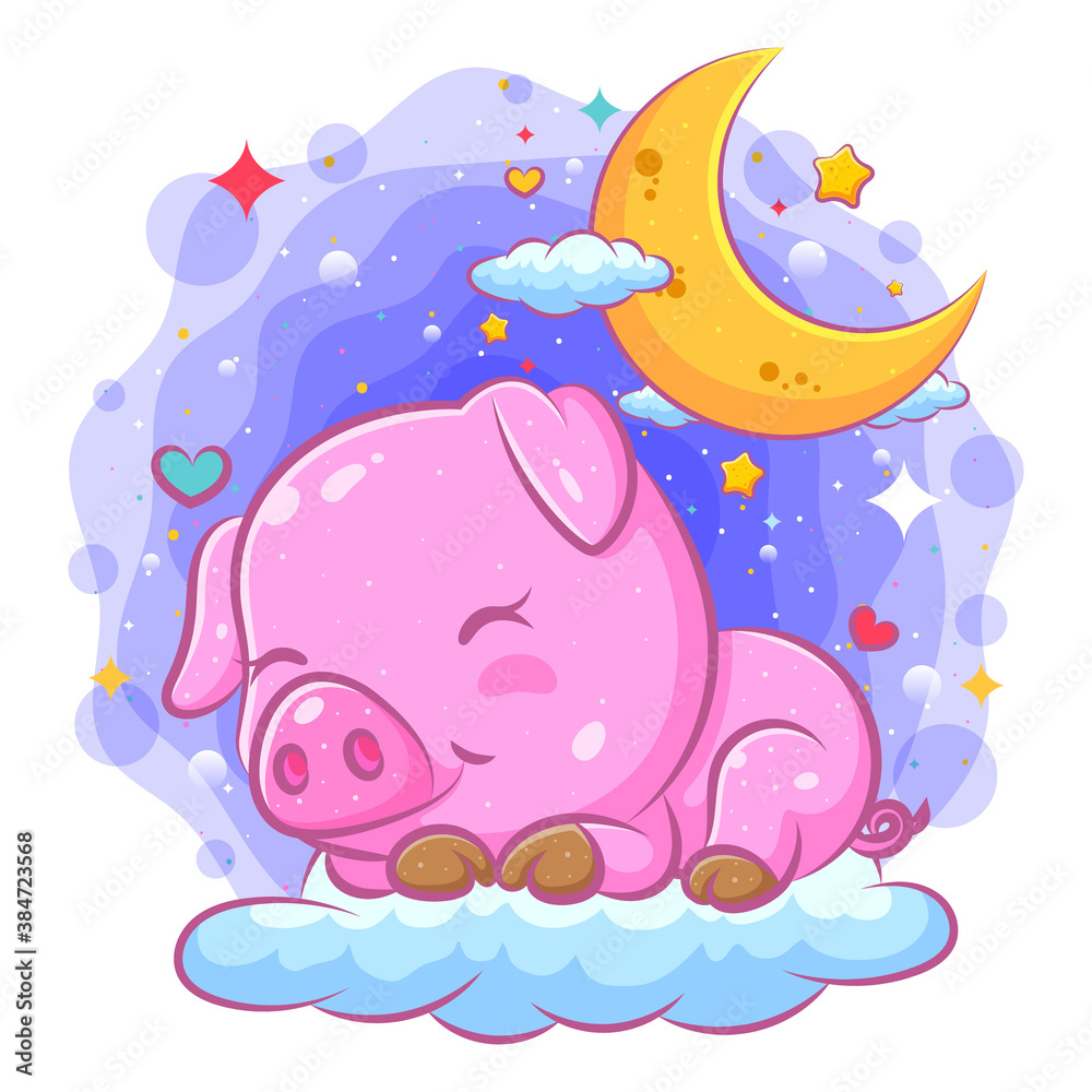 Beautiful pig illustration sleeps on the clouds Beautiful pig illustration sleeps on the clouds