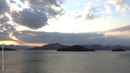 beautiful blue sky lake view high peak jungle mountains green river forest at Kaeng Krachan dam National Park, Phetchaburi, Thailand.