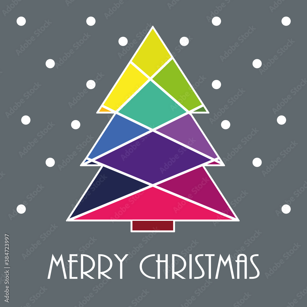 Merry christmas ! Greeting card. Modern christmas tree with multicolored geometric shapes. Vector illustration.
