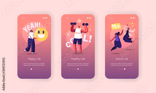 Happy Lifestyle Mobile App Page Onboard Screen Template. People Conduct Healthy, Active and Cool Life, Smile Emoji