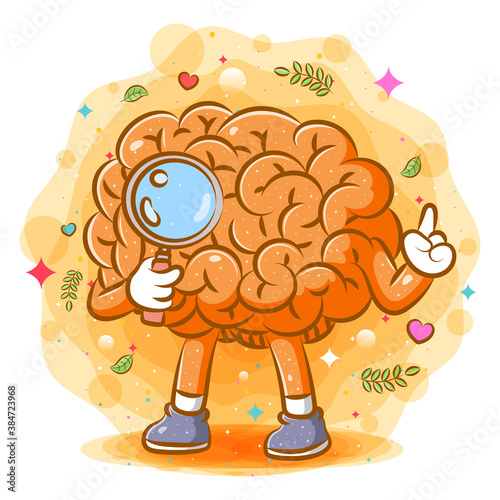 The orange brain holds magnifying glass