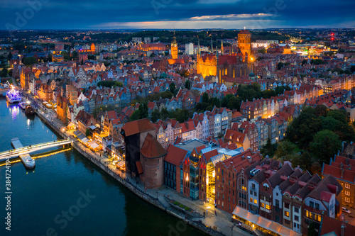 Aerial view of the Gdansk city over Motlawa river with amazing architecture at dusk, Poland