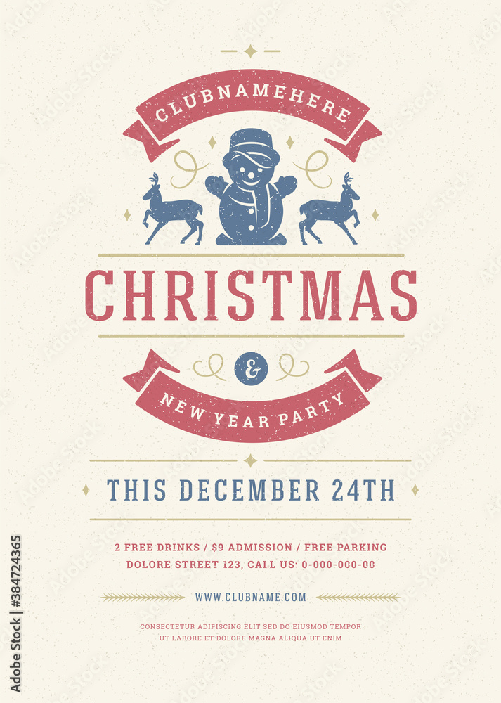 Obraz premium Christmas party flyer invitation retro typography and decoration elements with snowflake