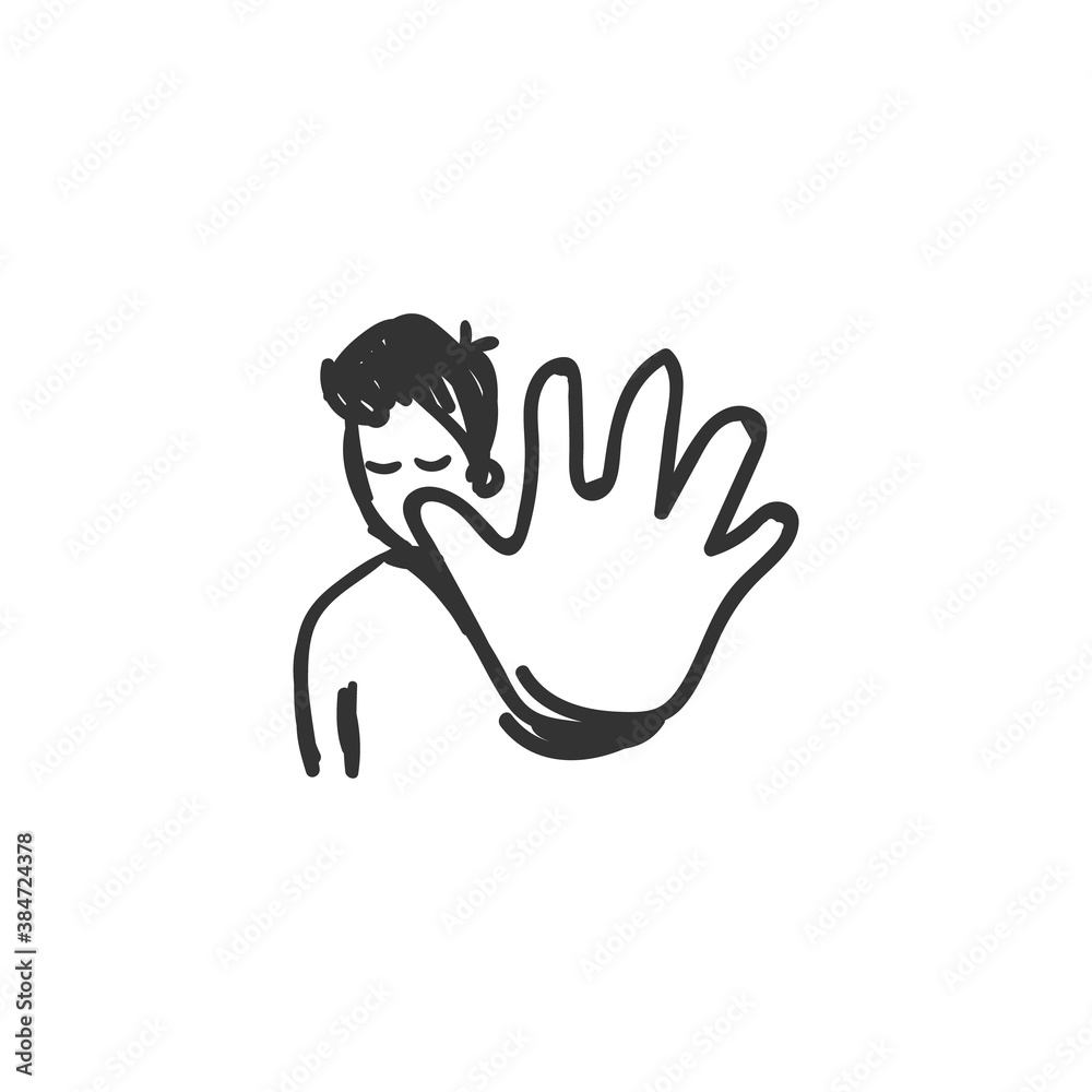 Rejection feeling icon. Man shows a rejection gesture. Outline sketch drawing. Human emotions and feelings concept. Disagree, stop, refusing expression. Isolated vector illustration Rejection feeling icon. Man shows a rejection gesture. Outline sketch drawing. Human emotions and feelings concept. Disagree, stop, refusing expression. Isolated vector illustration