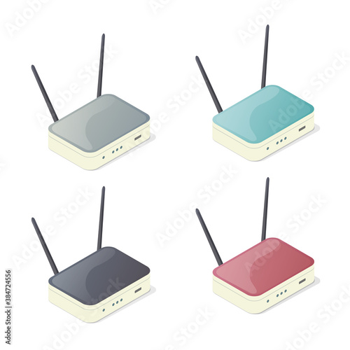 Isometric modem. Router device. Wireless internet. Vector illustration. Isolated on white background.