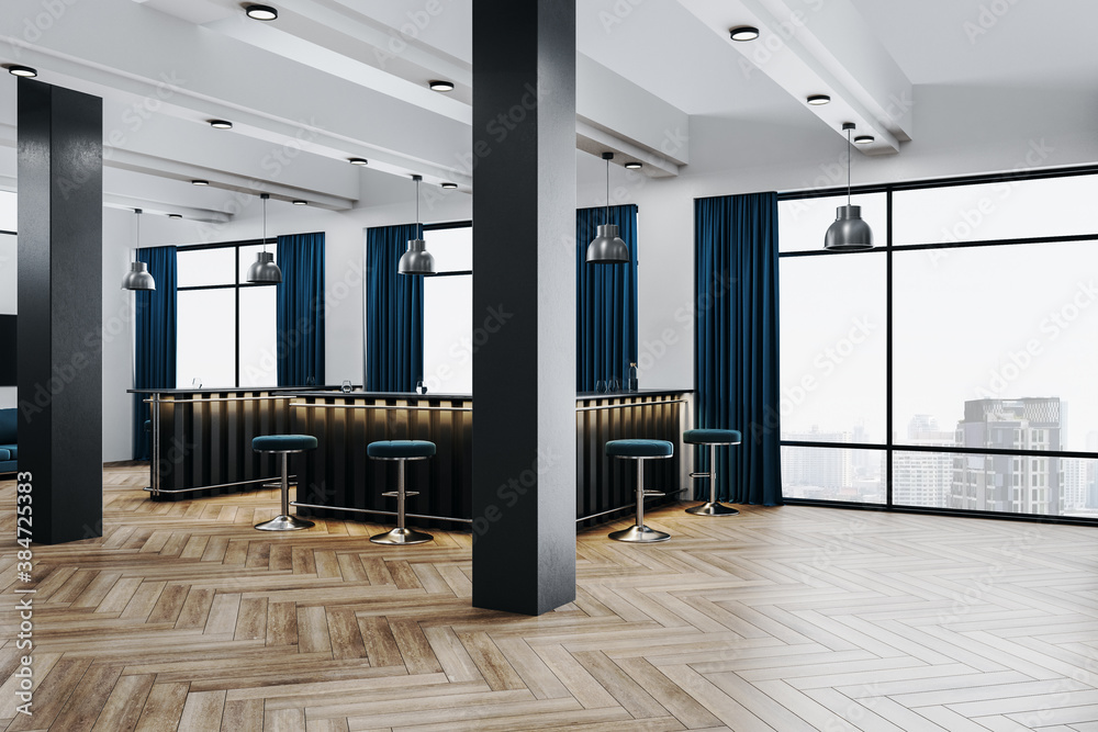 Modern office hall with bar counter and city view. - obrazy, fototapety, plakaty 