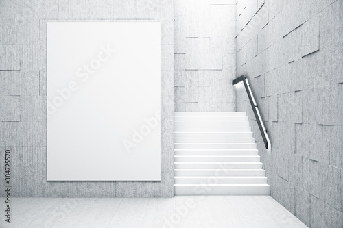 Concrete white interior with empty vertical poster.