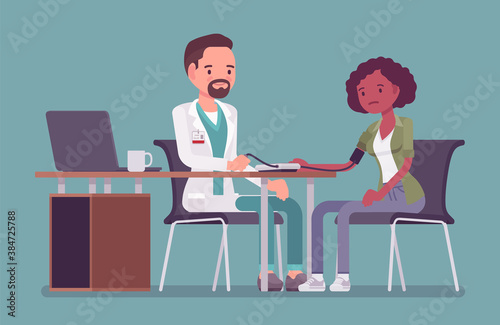 Blood pressure measurement, medicine test for young black woman. Male doctor at table checking and examine patient health with aneroid sphygmomanometer cuff. Vector flat style cartoon illustration