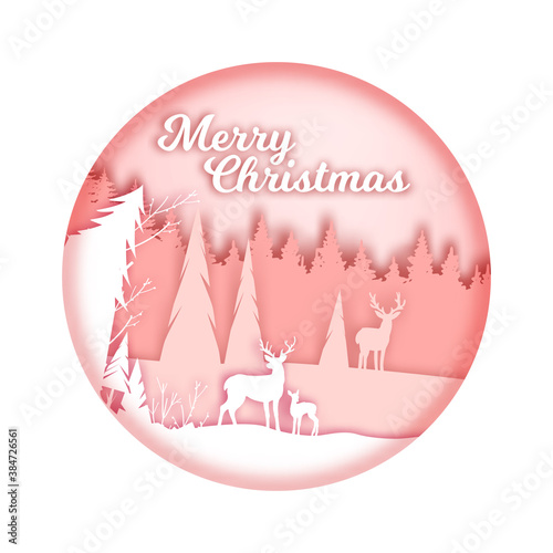 Merry Christmas and Happy New Year vector postcard with winter landscape, reindeer outline, pine trees. Holiday circle illustration with forest silhouette. Paper cut winter landscape in pink colors.