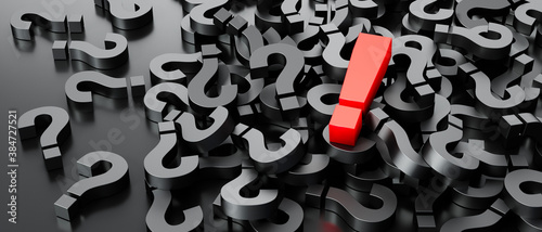 Canvastavla Pile of black question mark symbols with exclamation mark on top - 3D illustrati