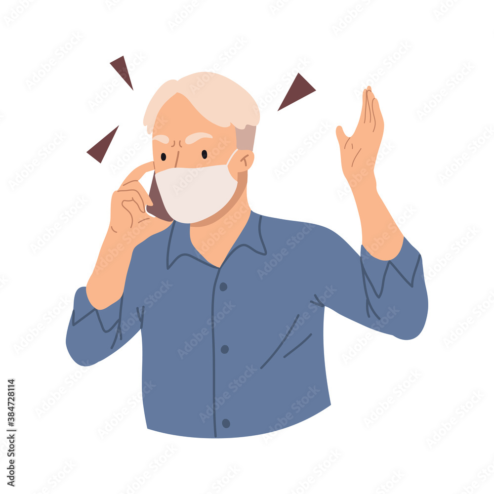 Portraits of angry, furious young man in blue shirt with face mask to protect against the virus Portraits of angry, furious young man in blue shirt with face mask to protect against the virus