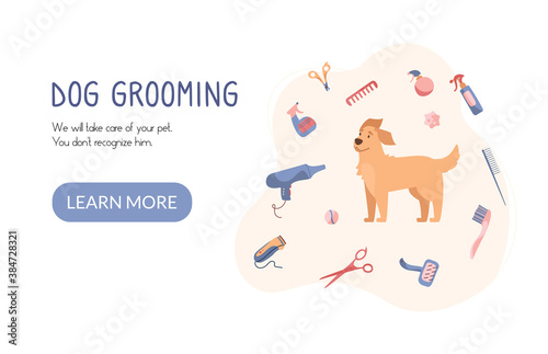 Dog grooming website. Pet haircut in cartoon style. Golden Retriever and grooming products, shampoos, wire cutters, combs, scissors. Vector. Landing page isolated on white background.