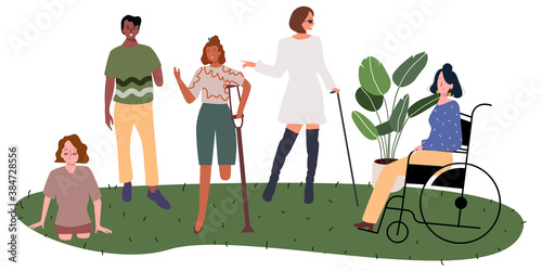 Disable character set collection group disabled gathered in park white isolated background with flat cartoon style