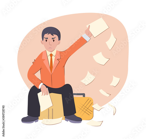 Sad pensive young man, sitting and scattering sheets of paper, documents after being fired from work. Flat concept of layoffs, unemployment, job cuts and crisis. Man loses his job in a crisis