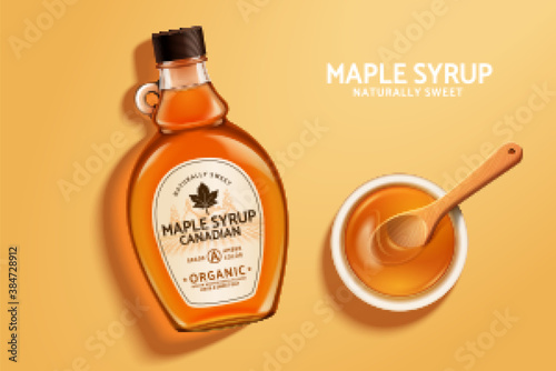 Obraz na plátně Top view of maple syrup bottle