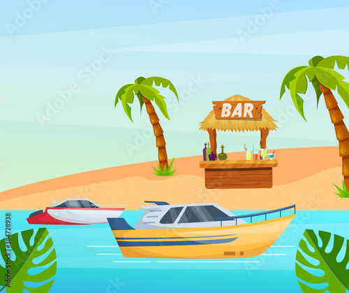 Maritime ships at sea, sailboat, frigate with sails near tropical beach with palm. Water transportation tourism transport cartoon vector
